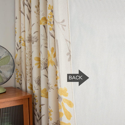 SUOUO Mustard Yellow Floral Curtain for Living Room Boho Chenille Patterned Grey Leaf 84 Inches Long Window Drapes for Bedroom Dining Sunflower 2 Panels