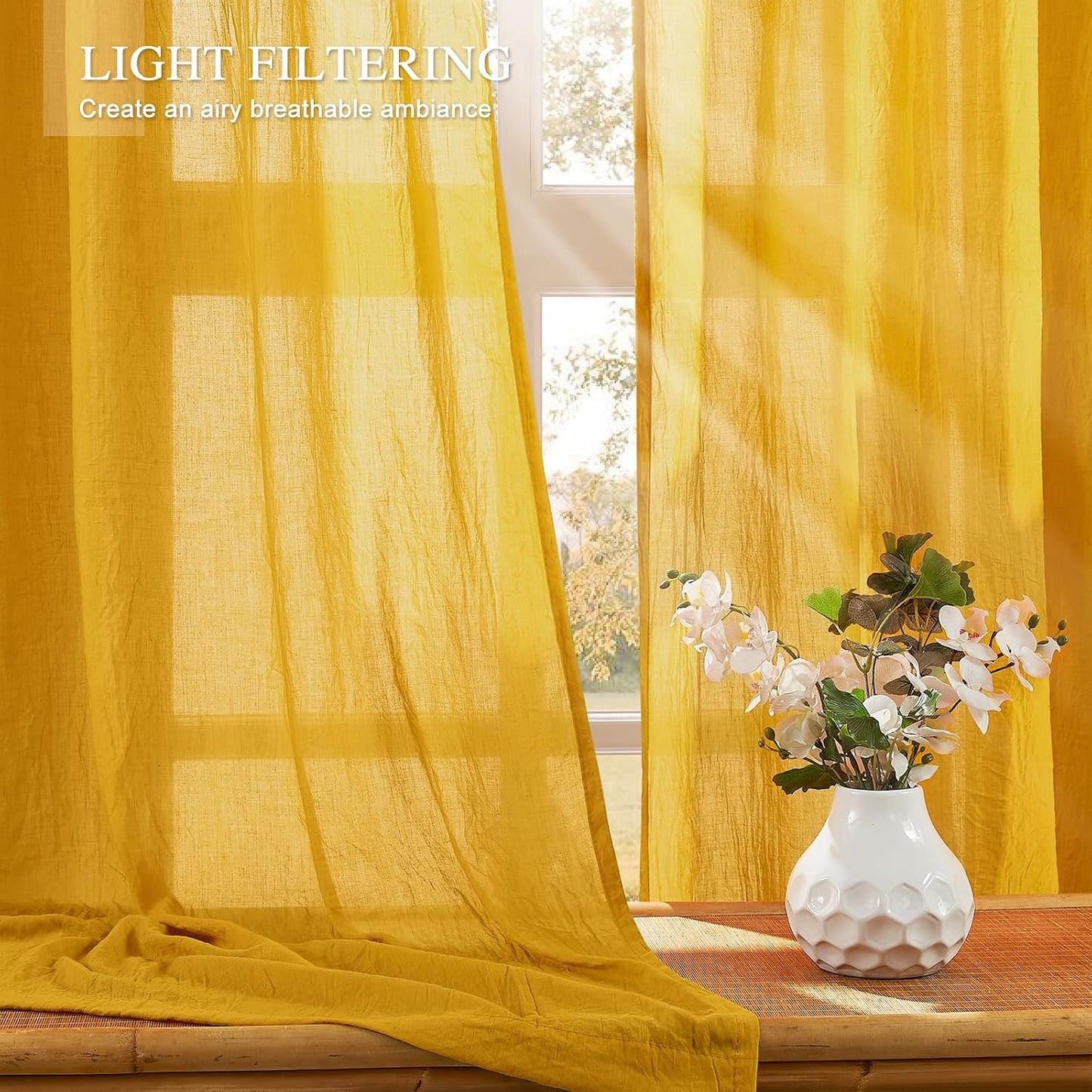 Anpark Elegant Gold Sheer Curtains 63 Inch Length for Bedroom Living Room, Light Filtering Natural Cotton Linen Yellow Semi Sheer Curtains Rod Pocket Privacy Voile Drapes, W52 x L63 in, 2 Panels