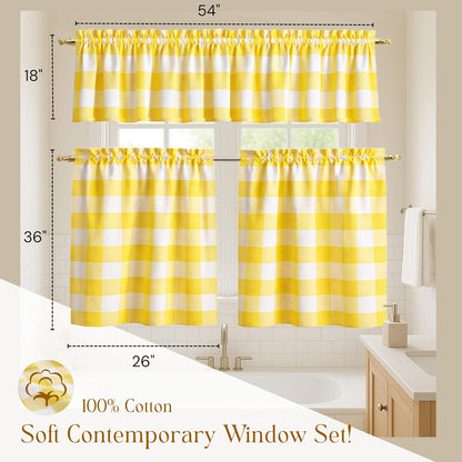 Buffalo Check Farmhouse Window Curtain Set, Valance 54x18 with Tier Curtains 26x36, 3 Piece Rod Pocket Curtains for Kitchen, Dining, Bathroom, Café Décor, Lemon Yellow