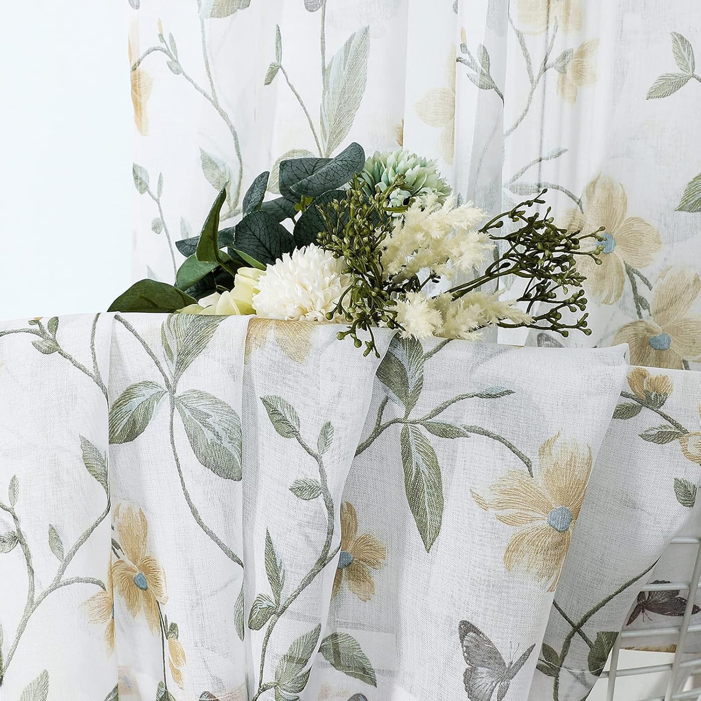 Tollpiz Sheer Floral Curtain Valance Yellow Flower Butterfly Printed Bedroom Curtain Valances Rod Pocket Voile Faux Linen Window Valance Curtains for Living Room, 54 x 16 inches Long, Set of 1 Panel