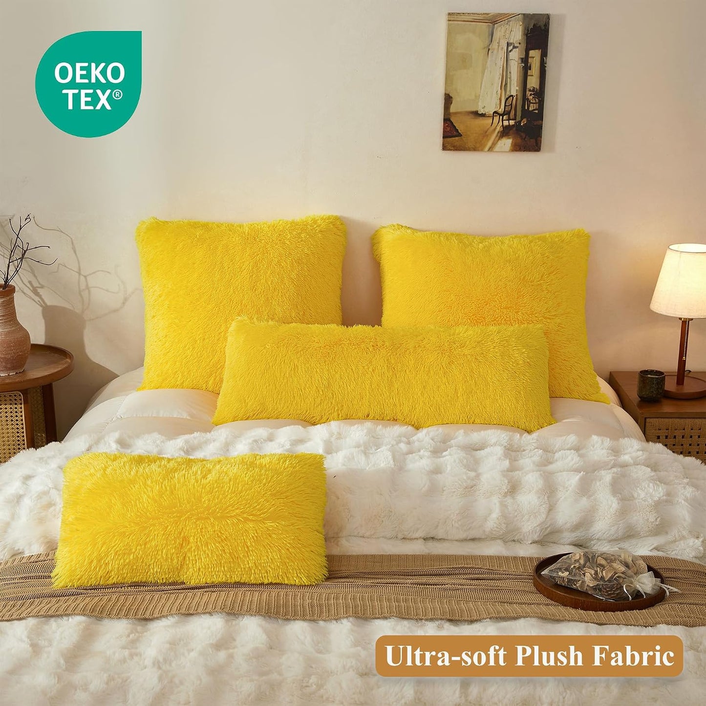 XeGe 12x20 Fluffy Faux Fur Lumbar Throw Pillow Covers Pack of 2, Shaggy Fuzzy Aesthetic Lumbar Pillowcases with Zipper, Plush Furry Long Pillow Cases Sleeping Kids Teens Adults Side Sleeper, Yellow