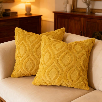 Pack of 2 Fall Decorative Throw Pillow Covers 18x18, Soft Plush Faux Fur Wool Couch Cushion Pillow Covers Cozy Boho Farmhouse Square Pillow Case for Living Room Sofa Bed Home Decor, Mustard Yellow