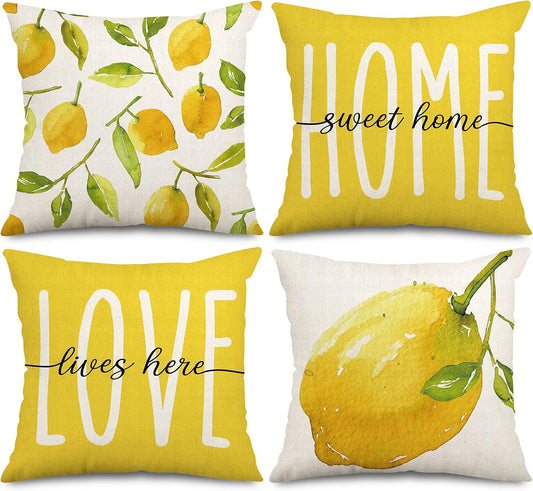 AnyDesign Lemon Throw Pillow Covers 18 x 18 in Summer Farmhouse Decorative Pillow Case Yellow Watercolor Sweet Home Love Cushion Covers for Home Office Sofa, 4 Pack