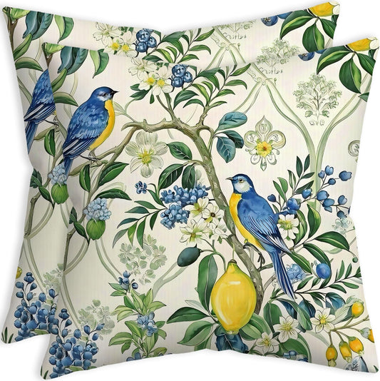 Summer Chinoiserie Pillow Covers 18x18 Set of 2, Blue Green Flower Floral Bird Throw Pillows, Vintage Lemon Decorative Pillowcase, Botanical Outdoor Decor Cushion Case