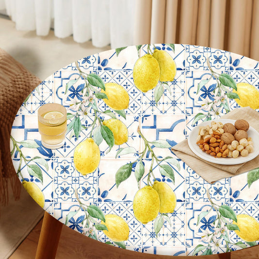 Round Tablecloth Fitted Elastic Edge Patio Table Covers Wrinkle Resistant Polyester Table Cloth for Picnic Camping Indoor and Outdoor，Tiles Flower Texture Lemon 36"-44"
