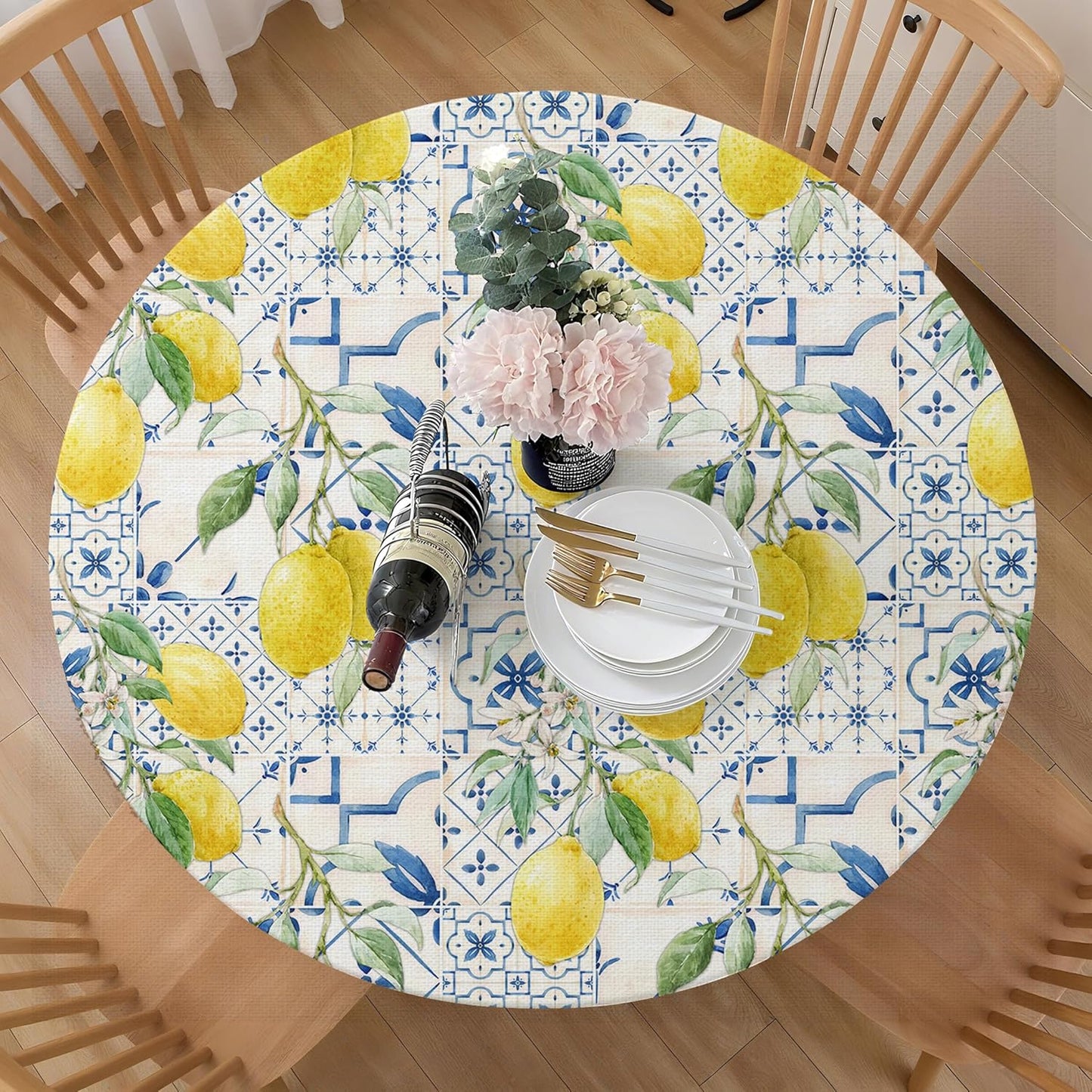 Round Tablecloth Fitted Elastic Edge Patio Table Covers Wrinkle Resistant Polyester Table Cloth for Picnic Camping Indoor and Outdoor，Tiles Flower Texture Lemon 36"-44"