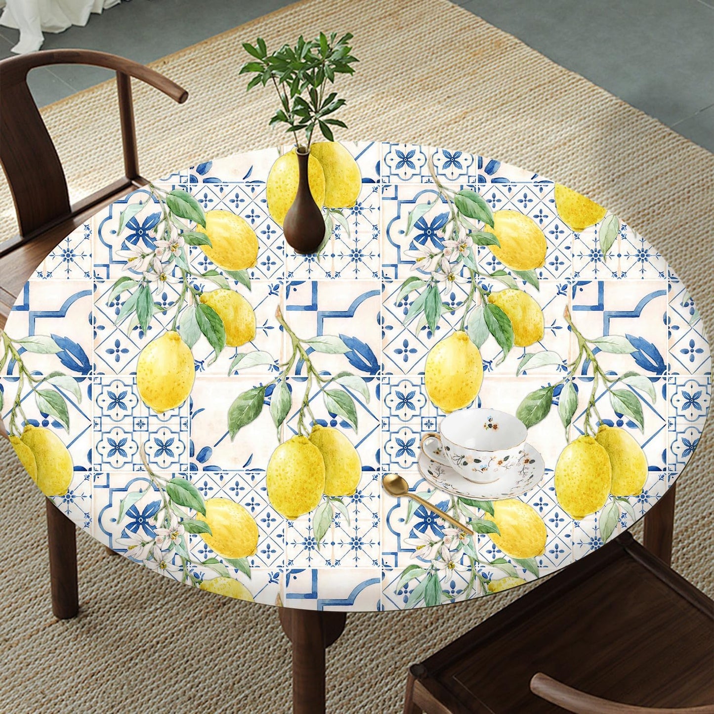 Round Tablecloth Fitted Elastic Edge Patio Table Covers Wrinkle Resistant Polyester Table Cloth for Picnic Camping Indoor and Outdoor，Tiles Flower Texture Lemon 36"-44"
