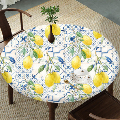 Round Tablecloth Fitted Elastic Edge Patio Table Covers Wrinkle Resistant Polyester Table Cloth for Picnic Camping Indoor and Outdoor，Tiles Flower Texture Lemon 36"-44"