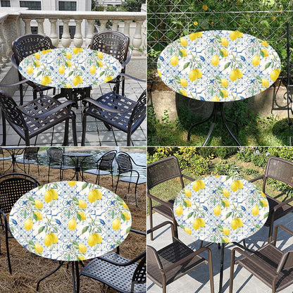 Round Tablecloth Fitted Elastic Edge Patio Table Covers Wrinkle Resistant Polyester Table Cloth for Picnic Camping Indoor and Outdoor，Tiles Flower Texture Lemon 36"-44"