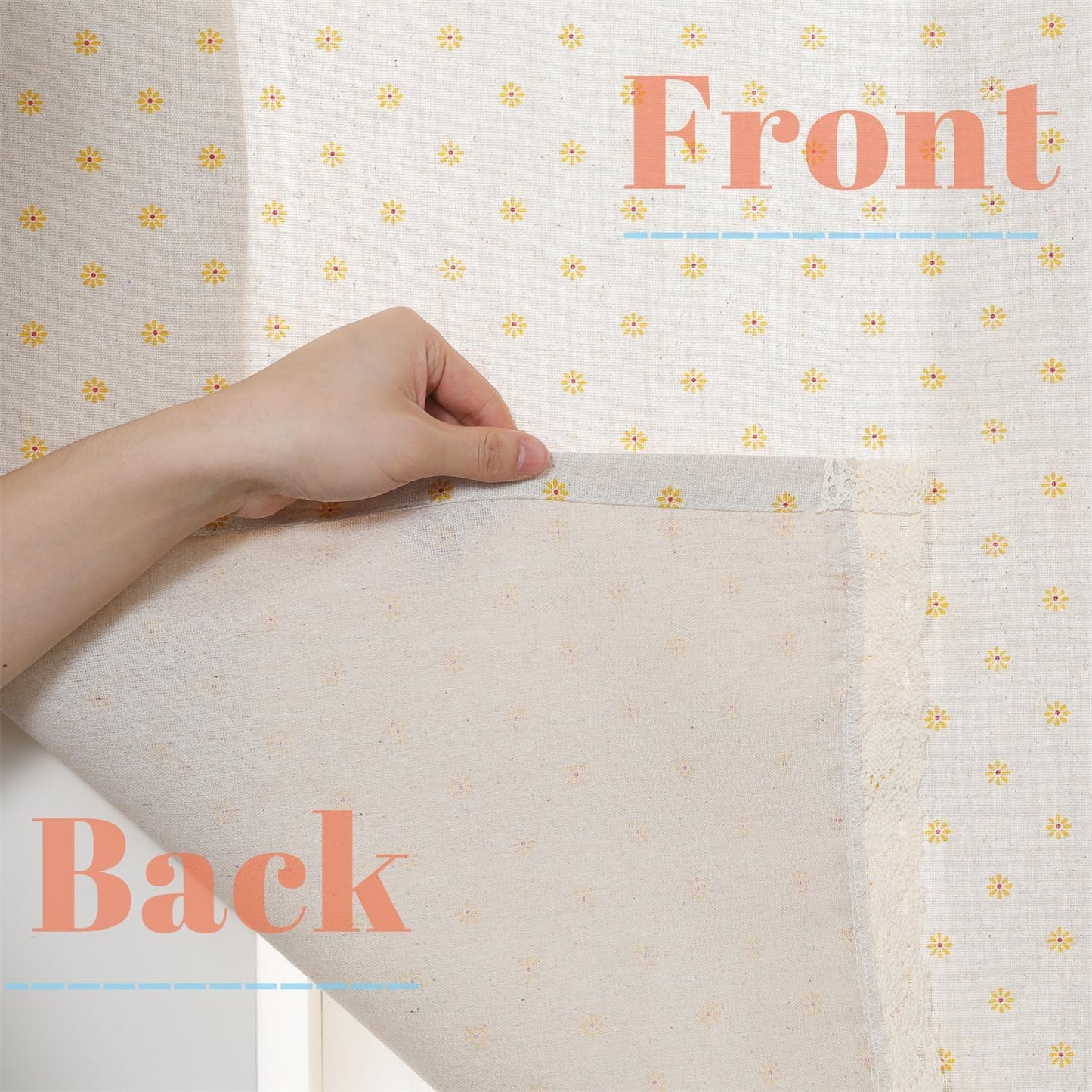 Farmhouse Cotton Linen Tier Curtain 24 Inch Long Elegant Floral Lace Window Valance Kitchen Bathroom Short Curtain, 1 Panel, Yellow Daisy