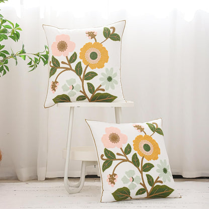 Floral Throw Pillow Covers 18x18 Pack of 2 Pink and Yellow Flower Embroidered Pillow Cover with Green Leaves Farmhouse Pillow Cushion Case Decorative Farm Pillowcases for Summer Fall Autumn