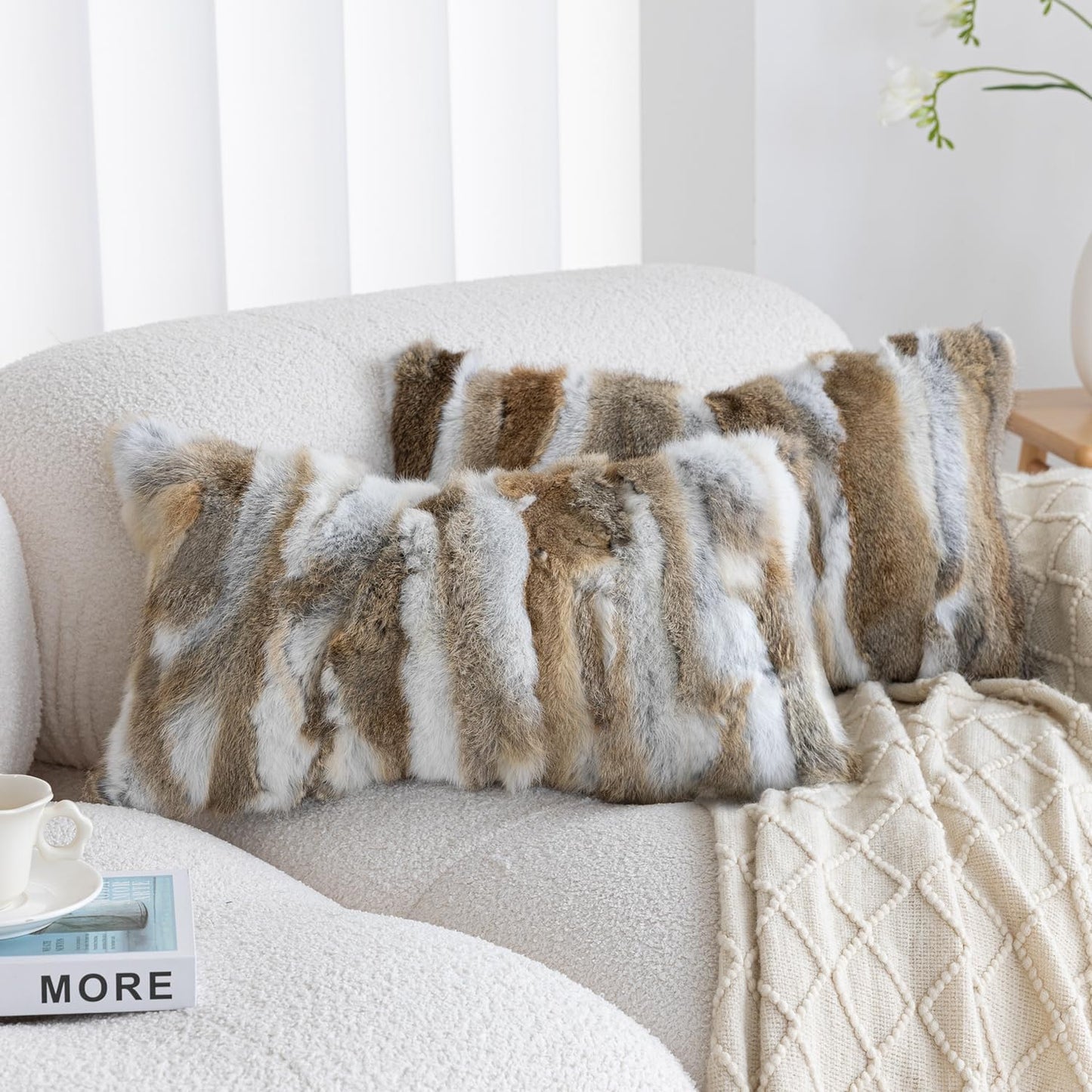 Genuine Rabbit Fur Pillow Covers Set of 2,Luxury Decorative Throw Pillowcases Fluffy Animal Skin Accents Bolster Cushion Cover for Couch Sofa Bedroom Living Room Home,12x20inch,Yellow