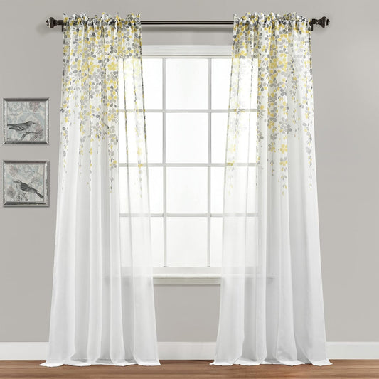Lush Decor Weeping Flower Sheer Window Curtain Panels, Pair, 38" W x 84" L + 2" Header, Yellow & Gray - Sheer Curtains - Farmhouse Decor - Floral Curtains for Living Room, Bedroom & Dining Room