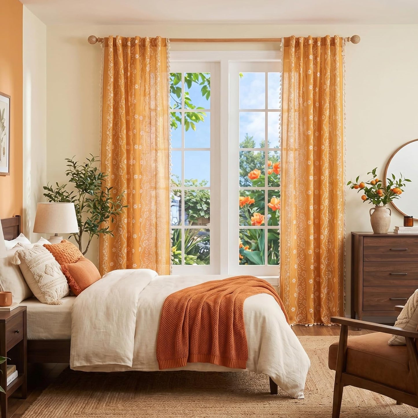 MYSKY HOME Boho Floral Curtains 84 inch Long 2 Panels Set Golden Mustard Yellow Farmhouse Curtains for Bedroom Living Room Light Filtering Semi Sheer Drapes with White Tassel Back Tab, 50" Wide