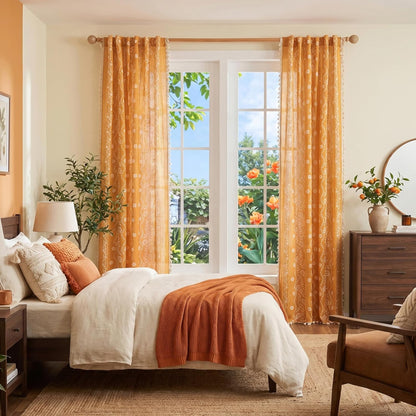 MYSKY HOME Boho Floral Curtains 84 inch Long 2 Panels Set Golden Mustard Yellow Farmhouse Curtains for Bedroom Living Room Light Filtering Semi Sheer Drapes with White Tassel Back Tab, 50" Wide