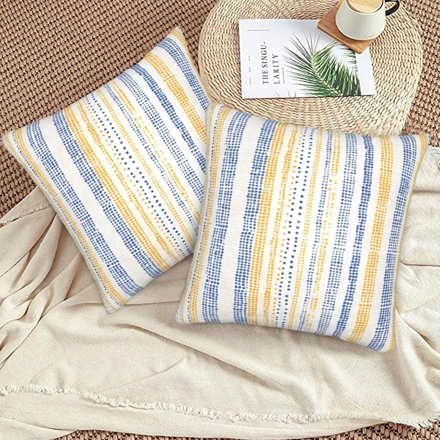 KiuLoam Navy Blue Yellow Dots Striped Throw Pillow Covers 18 x 18 Inch Set of 2 Outdoor Decorative Pillow Cases Farmhouse Cushion Cases for Couch Bed Home Decor