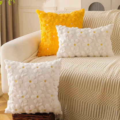 DFXSZ Spring Summer Pillow Covers 18x18 inch Set of 2 White Daisy Yellow Flower Heart Soft Plush Faux Fur Jacquard Throw Pillow Covers for Bedroom Sofa Spring Summer Holiday Home Decor PTK035A18