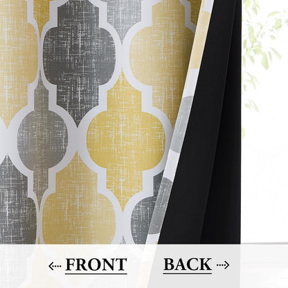 Beauoop 100% Blackout Curtains 84 Inches Long 2 Panels for Bedroom Living Room Yellow Grey Moroccan Geo Room Darkening Thermal Insulated Soundproof Grommet Top Window Treatments Drapes, 50x84 Set of 2