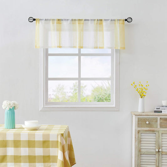 Central Park Yellow and White Kitchen Window Curtain Valance Stripe Sheer Boucle Linen Window Curtain, Living Room Decorative Rod Pocket (54" W x 15" L) Rustic Living Panels