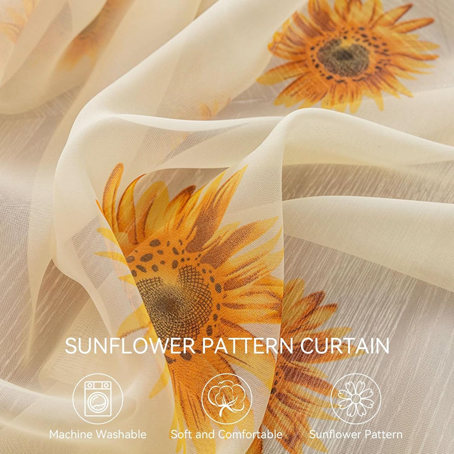 Sheer Curtains, 2PCS Sun Flower Floral Voile Sheer Curtain Soft Light Weight Window Panel 39x78in Sunflower Window Panel for Bedroom Living Room Kitchen Decor(Yellow)