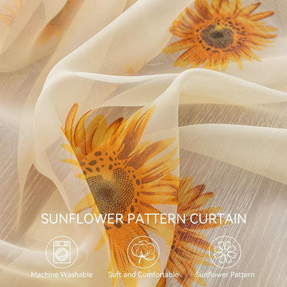 Sheer Curtains, 2PCS Sun Flower Floral Voile Sheer Curtain Soft Light Weight Window Panel 39x78in Sunflower Window Panel for Bedroom Living Room Kitchen Decor(Yellow)