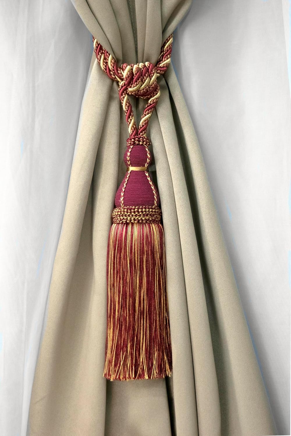 DÉCOPRO Elegant Large Tassel Tieback for Curtains & Draperies, Tassel Length 12" (30.5cm), Spread 30" (76cm) # TBH15, Burgundy Gold Red #1253 (Carmine Red, Yellow Gold, Dark Red) Individually Sold