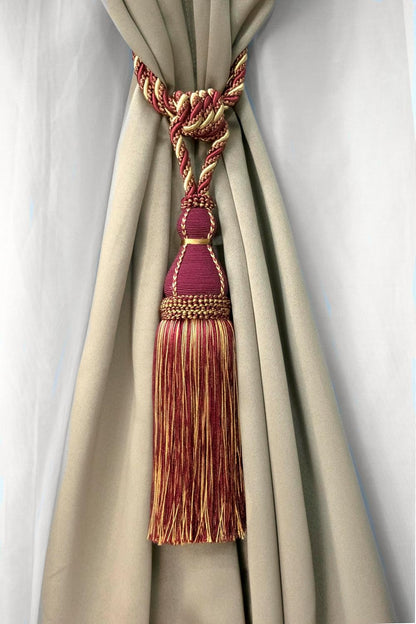 DÉCOPRO Elegant Large Tassel Tieback for Curtains & Draperies, Tassel Length 12" (30.5cm), Spread 30" (76cm) # TBH15, Burgundy Gold Red #1253 (Carmine Red, Yellow Gold, Dark Red) Individually Sold
