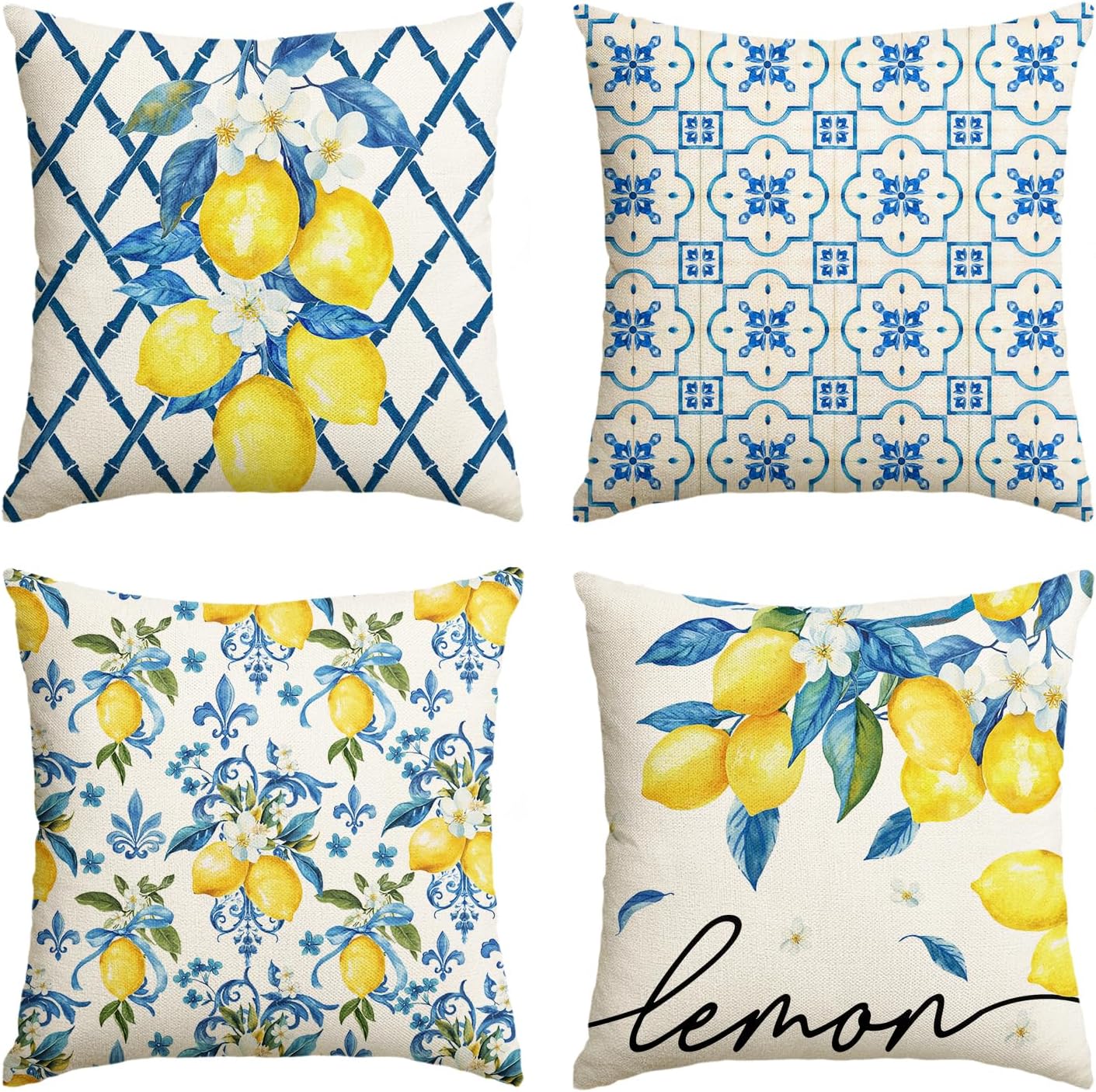 AVOIN colorlife Lemon Summer Throw Pillow Covers, 20 x 20 Inch Bule Diamond Check Bamboo Summer Cushion Case for Sofa Couch Set of 4
