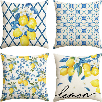 AVOIN colorlife Lemon Summer Throw Pillow Covers, 20 x 20 Inch Bule Diamond Check Bamboo Summer Cushion Case for Sofa Couch Set of 4