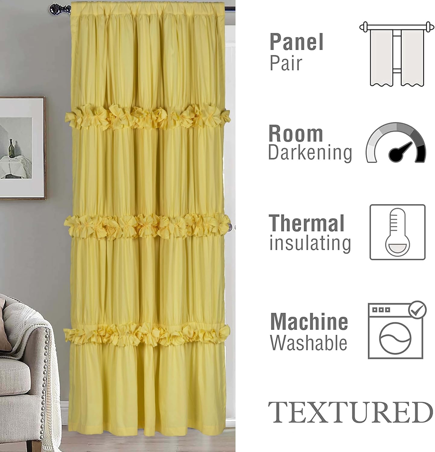 Homechoice Decor Thermal Insulated Blackout Window Curtains, 54" W x 84" L x 2 Panels, Boho Ruched Window Treatments with 3 Rows of Butterfly Flowers, Rustic Rod Pocket Drapes, Bright Yellow (LQ-30)