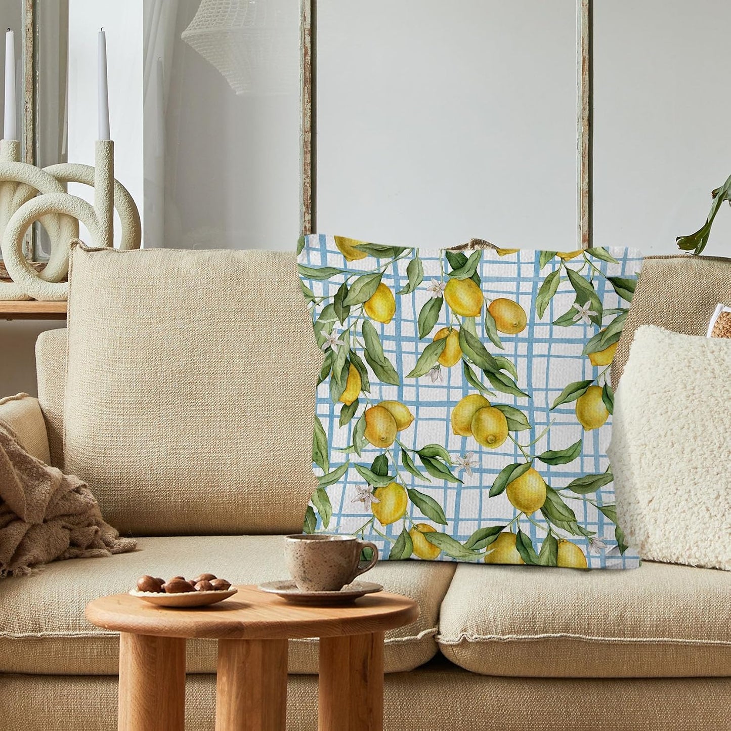 Lemon Pillow Covers 18x18,Yellow and Blue Mediterranean Summer Lemon Decor, Yellow and Blue Mediterranean Summer Throw Pillow Covers for Home Bedroom Couch