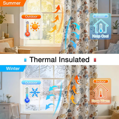 MYSKY HOME Floral Linen 100% Blackout Curtains 84 Inch Length 2 Panels for Living/Dining Room Bedroom Double Layer Thermal Insulated Farmhouse Flower Patterned Grommet Top Drapes, Yellow, 52" W Each