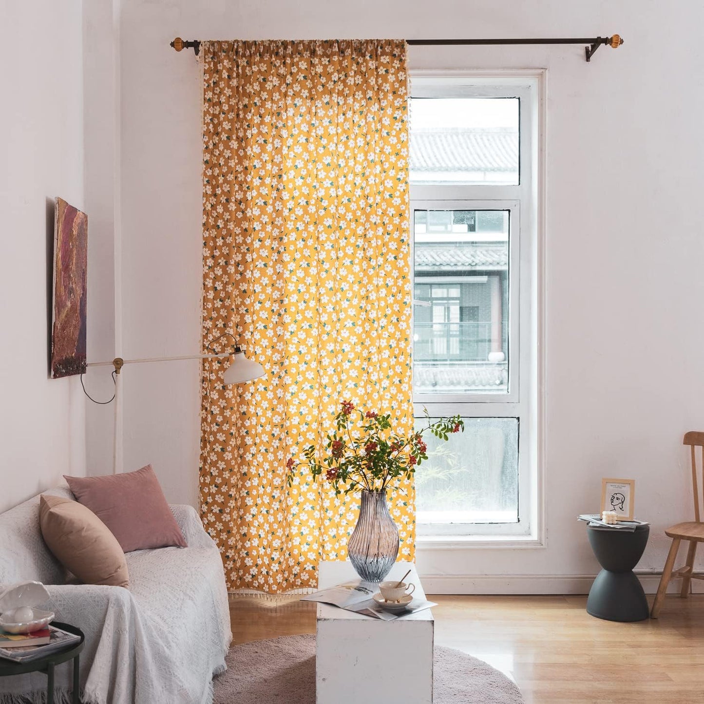 Deeprove Boho Curtain 84 Inch Length, Farmhouse Yellow Florals Print, Cotton Linen Tassels Rod Pocket Semi Blackout Rustic Bohemian Country Window Treatment for Nursery Bedroom 1 Panel, 55''W x 84''L