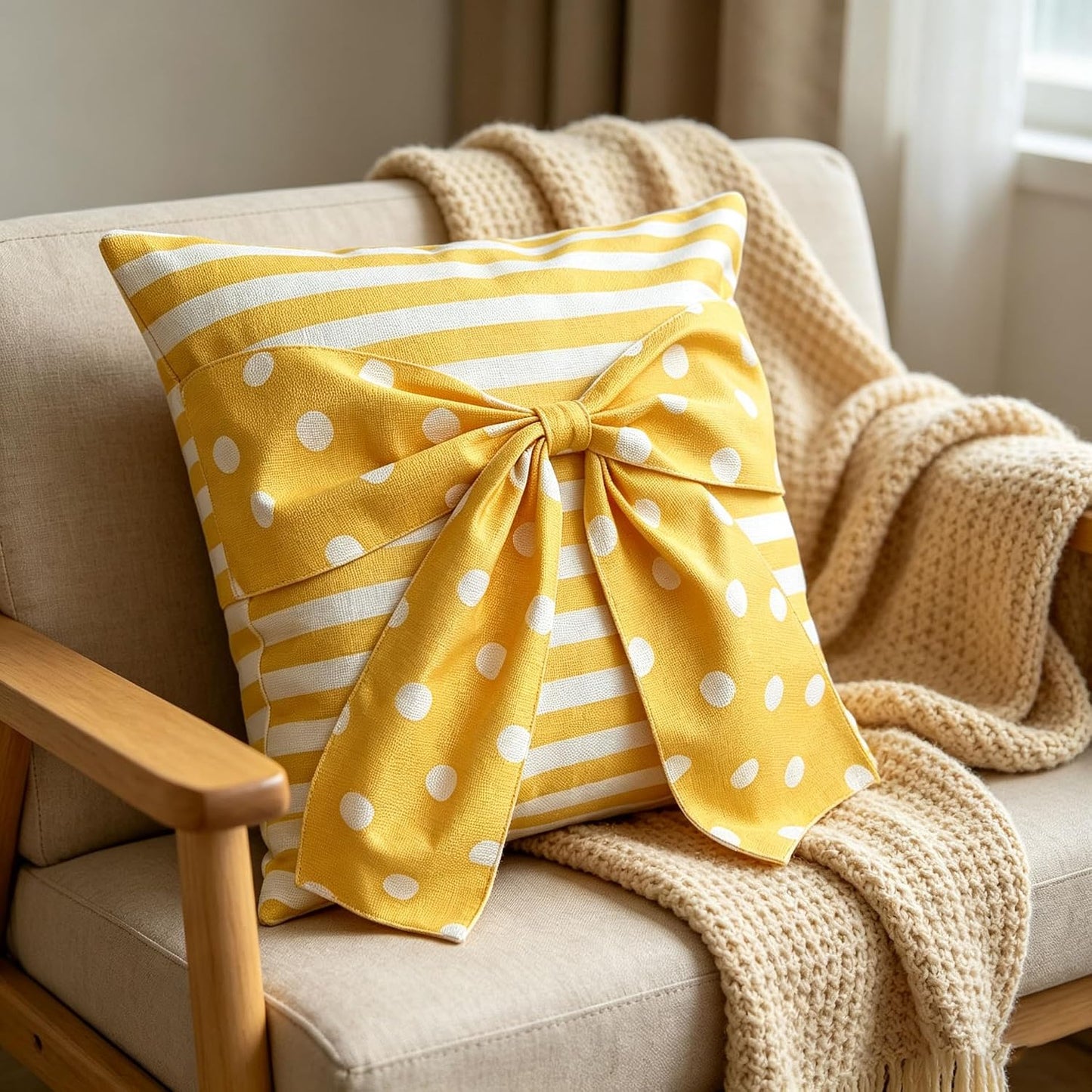 Yellow Big Bows Throw Pillow Covers Set of 2, Linen Pillow Covers with Striped Polka Dot Print, Spring Summer Decorative Cushion Cases for Safa Couch Home Decor, Yellow-Dot, 18X18 Inch