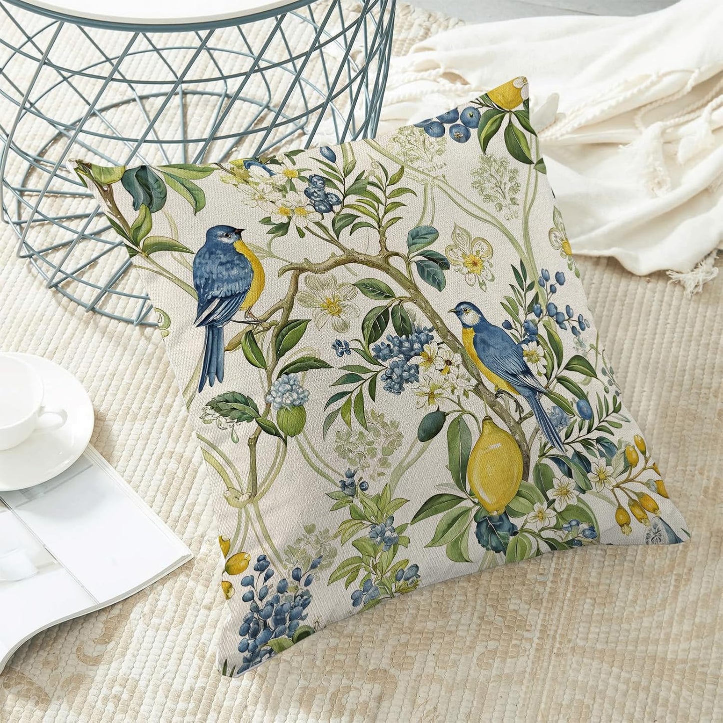 Chinoiserie Blue and Green Floral Bird Pillow Covers 18x18 Set of 2, Yellow Lemon Flower Summer Decorative Throw Pillows Farmhouse Linen Outdoor Cushion Case for Home Couch Sofa Decor
