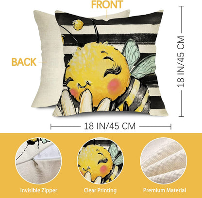 Spring Summer Bumble Bee Sunflower Decorative Throw Pillow Covers 18x18 Set of 4, Fall Farmhouse Black White Stripe Home Decor, Yellow Buffalo Plaid Check Quote Outdoor Couch Cushion Case