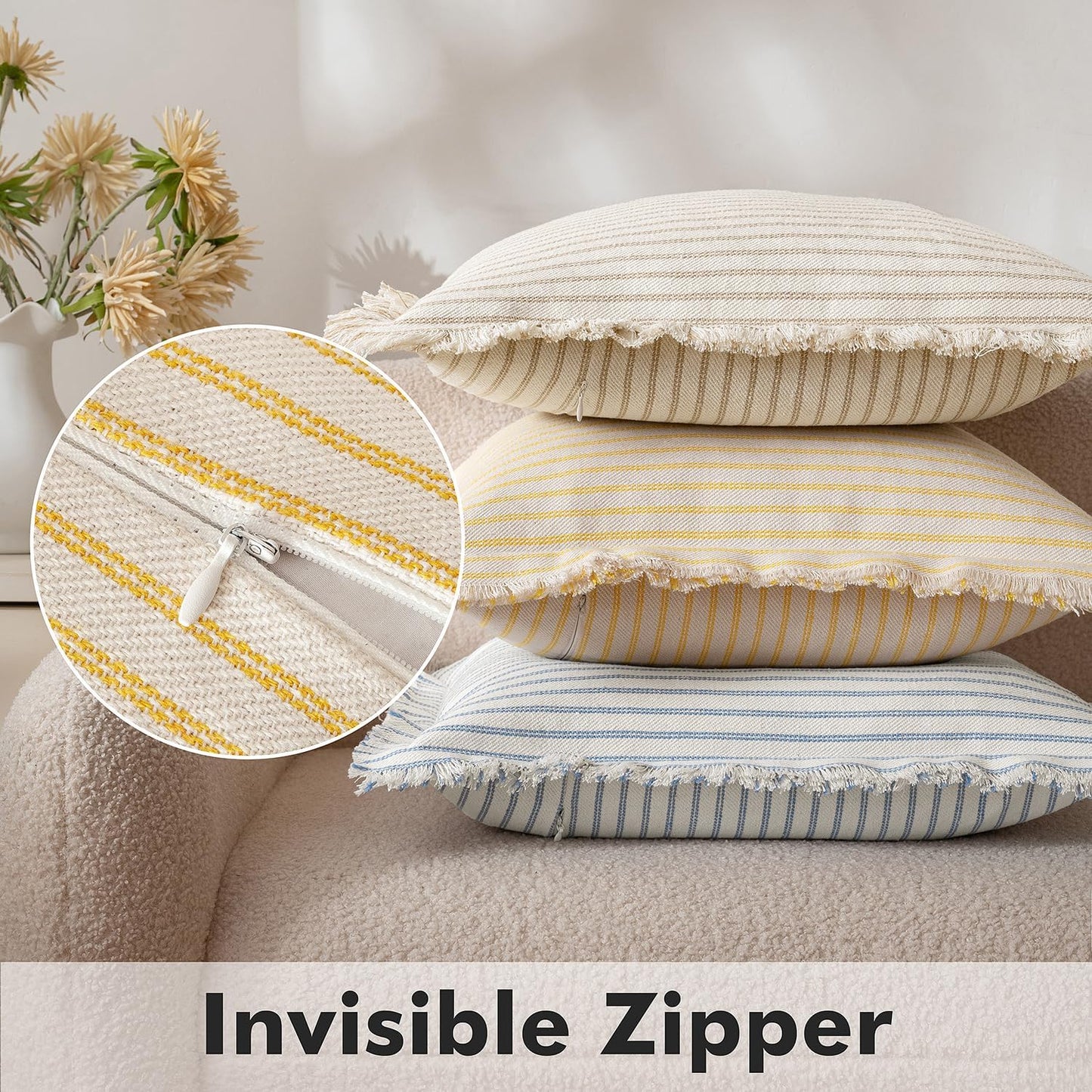 MIULEE Pack of 2 Yellow Pillow Covers 20x20 Inch Striped Farmhouse Couch Spring Throw Pillow Covers with Fringe Chic Cotton Decorative Cushion Covers for Summer Sofa Living Room Bed Outdoor Home Decor