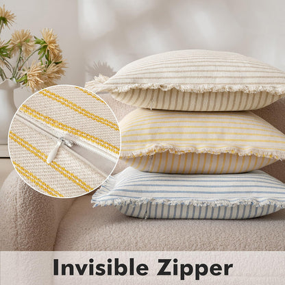 MIULEE Pack of 2 Yellow Pillow Covers 20x20 Inch Striped Farmhouse Couch Spring Throw Pillow Covers with Fringe Chic Cotton Decorative Cushion Covers for Summer Sofa Living Room Bed Outdoor Home Decor