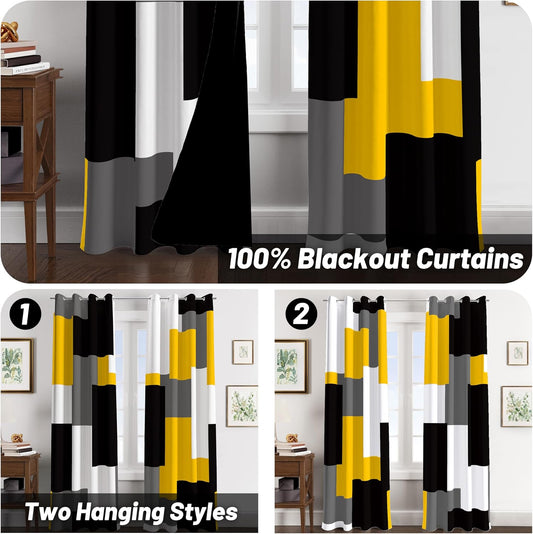 Tyrot Yellow 100% Blackout Curtains for Bedroom 84 inch Length 2 Panels Set Mustard Yellow Grey Modern Abstract Geometric Black Out Curtains Room Darkening Window Drapes for Living Room, 52Wx84L