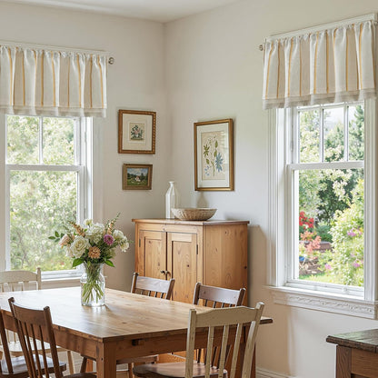 jinchan Linen Valance Kitchen Curtain Light Filter Double Layer 18 Inch | Light filtering kitchen valance,yellow striped pattern on linen background,bringing rustic farmhouse style