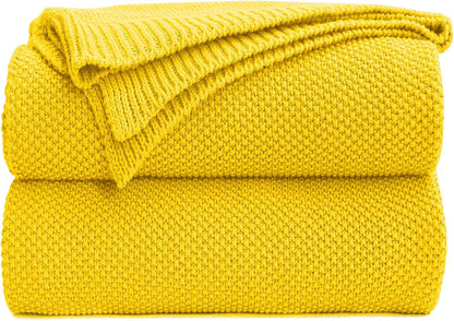 Longhui bedding Lemon Bright Yellow Cotton Cable Knit Throw Blanket for Couch Sofa Chair Home Decorative, Woven Throw Blankets 50 x 60 Inch 2.1 Pounds with a Washing Bag