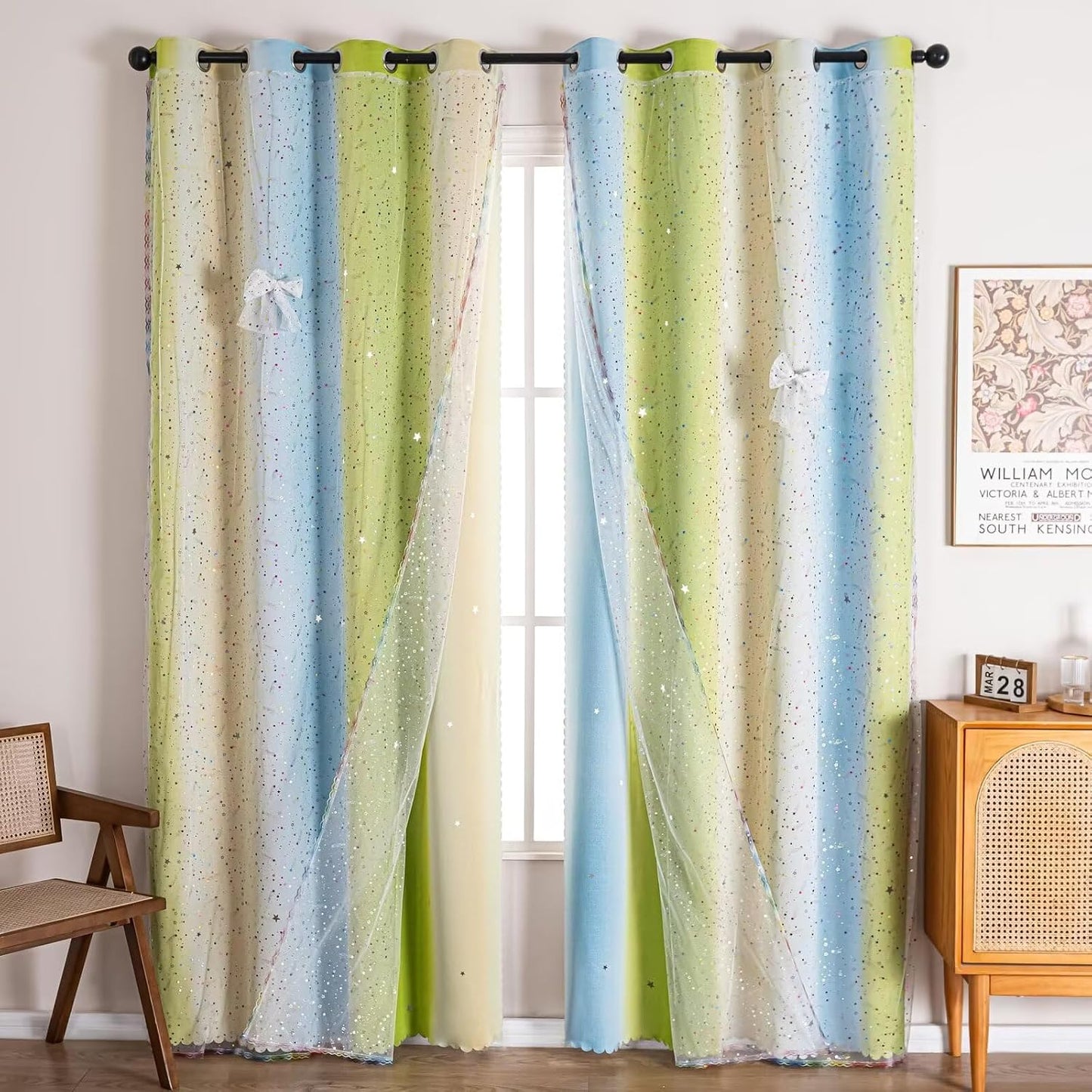 52x63 2-in-1 Double-Layer Kids & Girls Unicorn Princess Ombre Blackout Curtains with Foil Print Sheer, 2 Panels Set - Green Yellow Blue