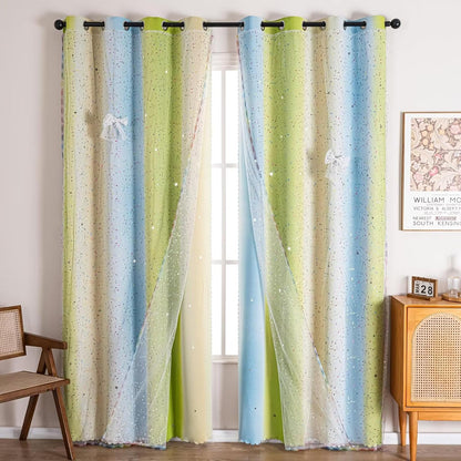 52x63 2-in-1 Double-Layer Kids & Girls Unicorn Princess Ombre Blackout Curtains with Foil Print Sheer, 2 Panels Set - Green Yellow Blue