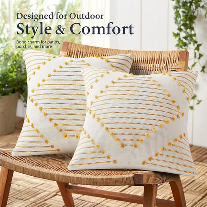 Mecatny Boho Summer Outdoor Throw Pillow Covers 12X20 Set of 2, Farmhouse Lumbar Pillow Covers for Couch Sofa Living Room, Yellow & White
