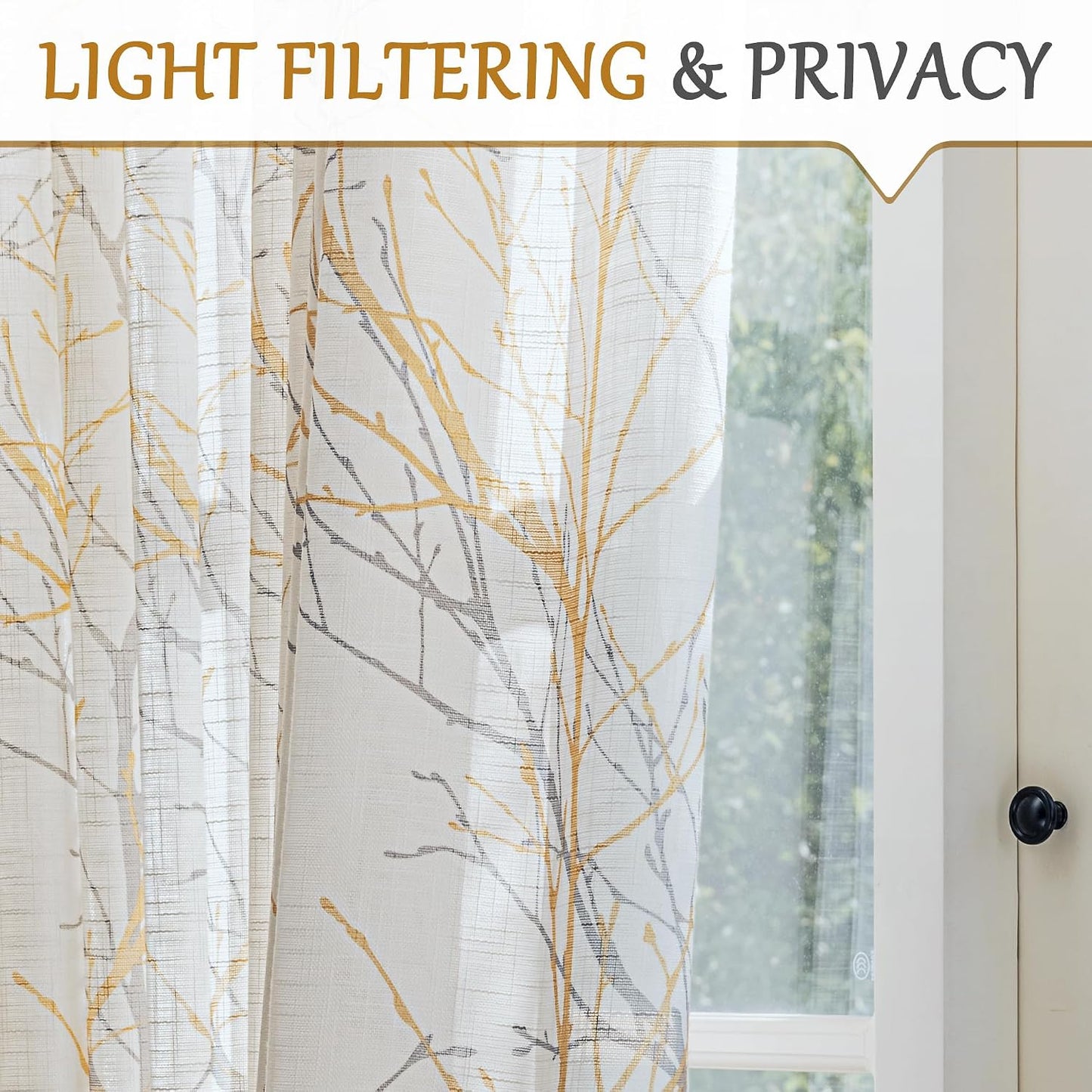 FMFUNCTEX Sheer Sidelight Front Door Curtains 40 Inches Long White Yellow Branch Tree Half Print Curtain for Patio Doors with Matching Tiebacks 24 Inches Wide 2 Panels Set