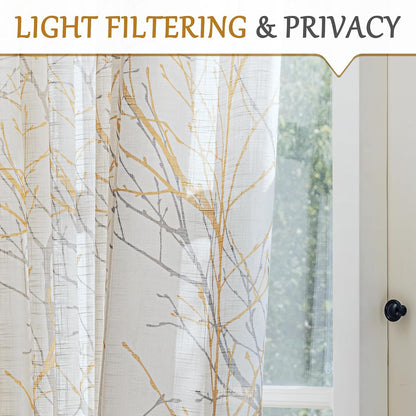 FMFUNCTEX Sheer Sidelight Front Door Curtains 40 Inches Long White Yellow Branch Tree Half Print Curtain for Patio Doors with Matching Tiebacks 24 Inches Wide 2 Panels Set