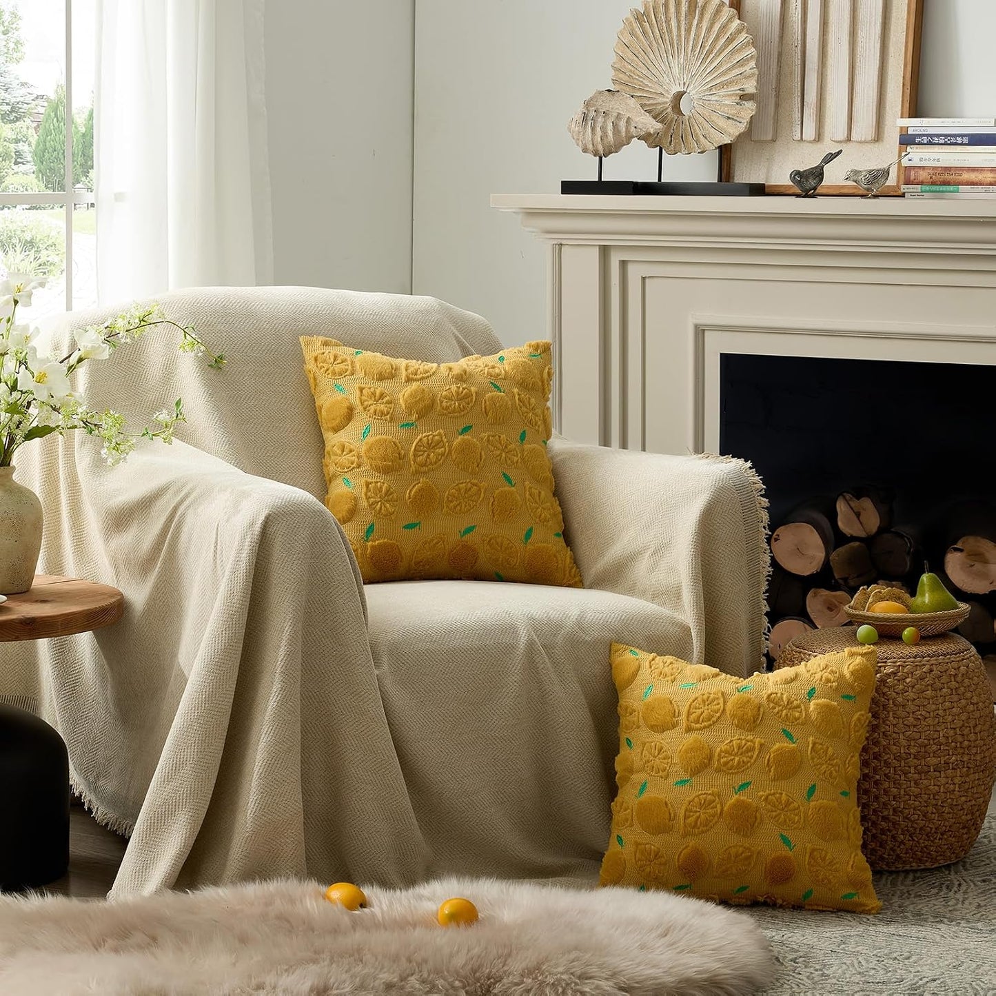 GIGIZAZA Pack of 2 Yellow Pillow Covers 20x20, Decorative Throw Pillows Cute Boho Farmhouse Covers for Couch Faux Fur Fruit Pattern Pillow Cases Embroidered Living Room Cushion Covers