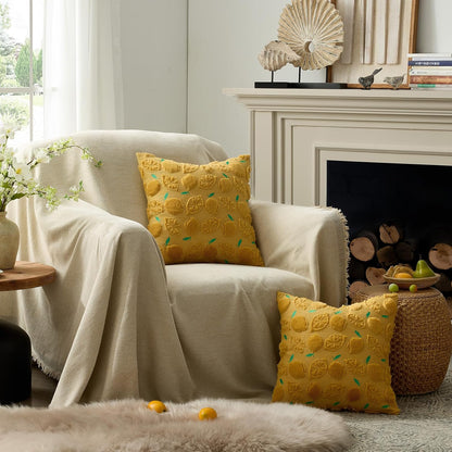 GIGIZAZA Pack of 2 Yellow Pillow Covers 20x20, Decorative Throw Pillows Cute Boho Farmhouse Covers for Couch Faux Fur Fruit Pattern Pillow Cases Embroidered Living Room Cushion Covers