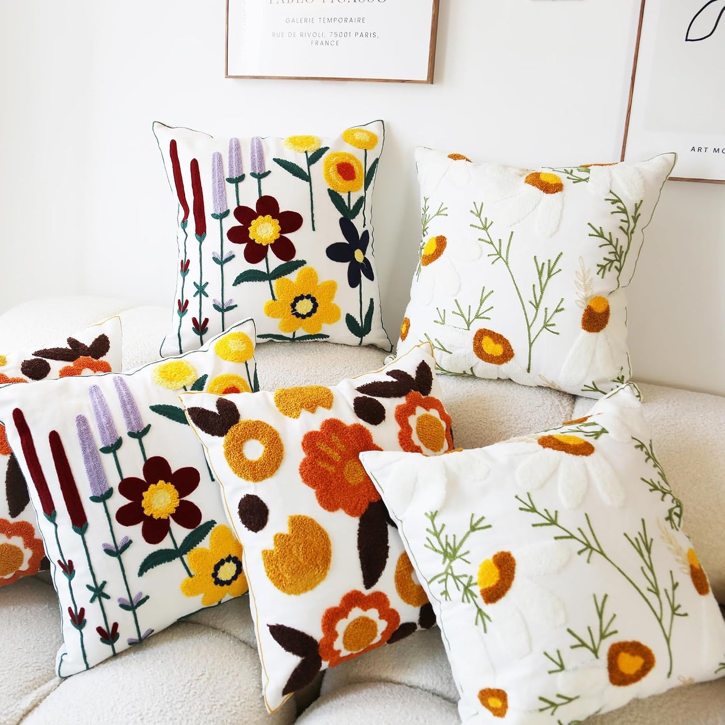 Embroidered Throw Pillow Cover Boho Beige Yellow 2PCS Pillow Covers for Couch Sofa Cotton Linen Daisy Floral Bohemian Pillow Covers 3D Big Flowers Botanical Pillowcase Covers 18x18 Inch