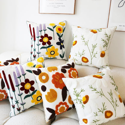 Embroidered Throw Pillow Cover Boho Beige Yellow 2PCS Pillow Covers for Couch Sofa Cotton Linen Daisy Floral Bohemian Pillow Covers 3D Big Flowers Botanical Pillowcase Covers 18x18 Inch